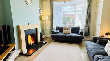 Televisio, takka, DVD-soitin, stereot