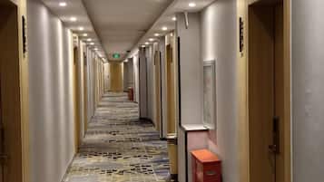 A hotel corridor with doors on both sides, a patterned carpet, and a red object on the right.