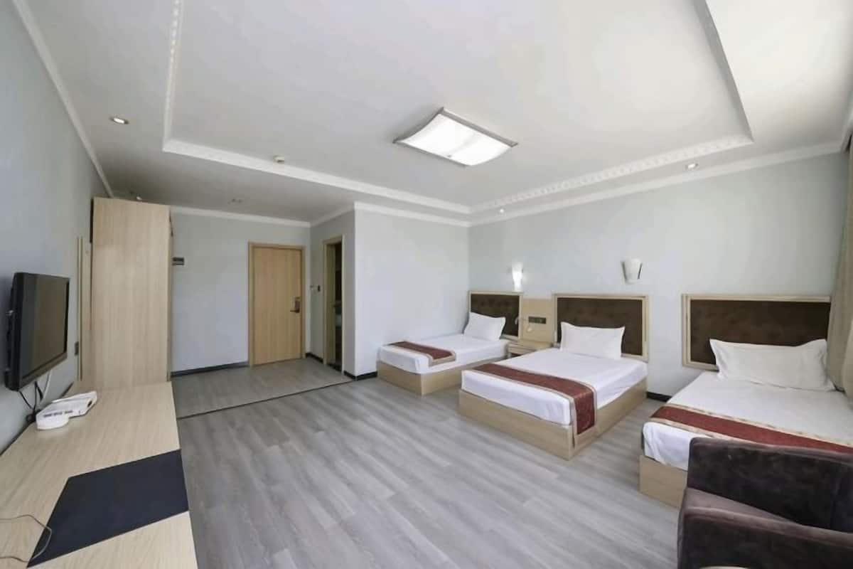 Hotellihuone, jossa on kaksi sänkyä, työpöytä tietokoneella, televisio ja vaatekaappi.