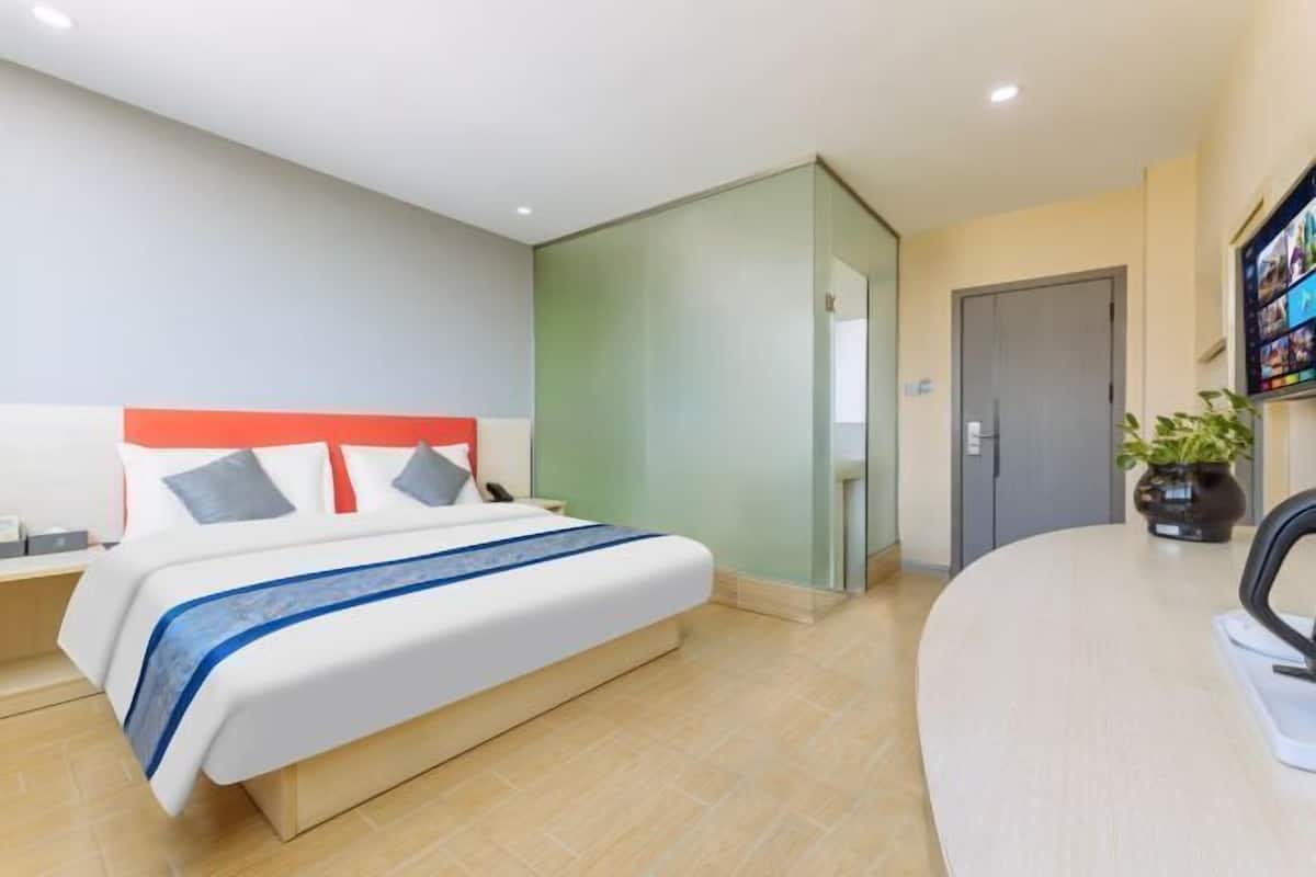 A hotel room with a bed, bedside table, a small desk, a chair, a potted plant, and a door.