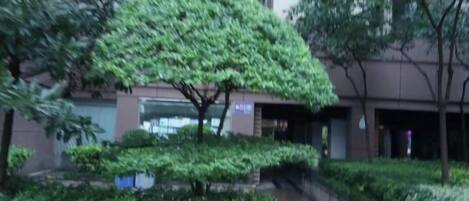Un edificio con un corredor cubierto y un gran árbol en el centro.