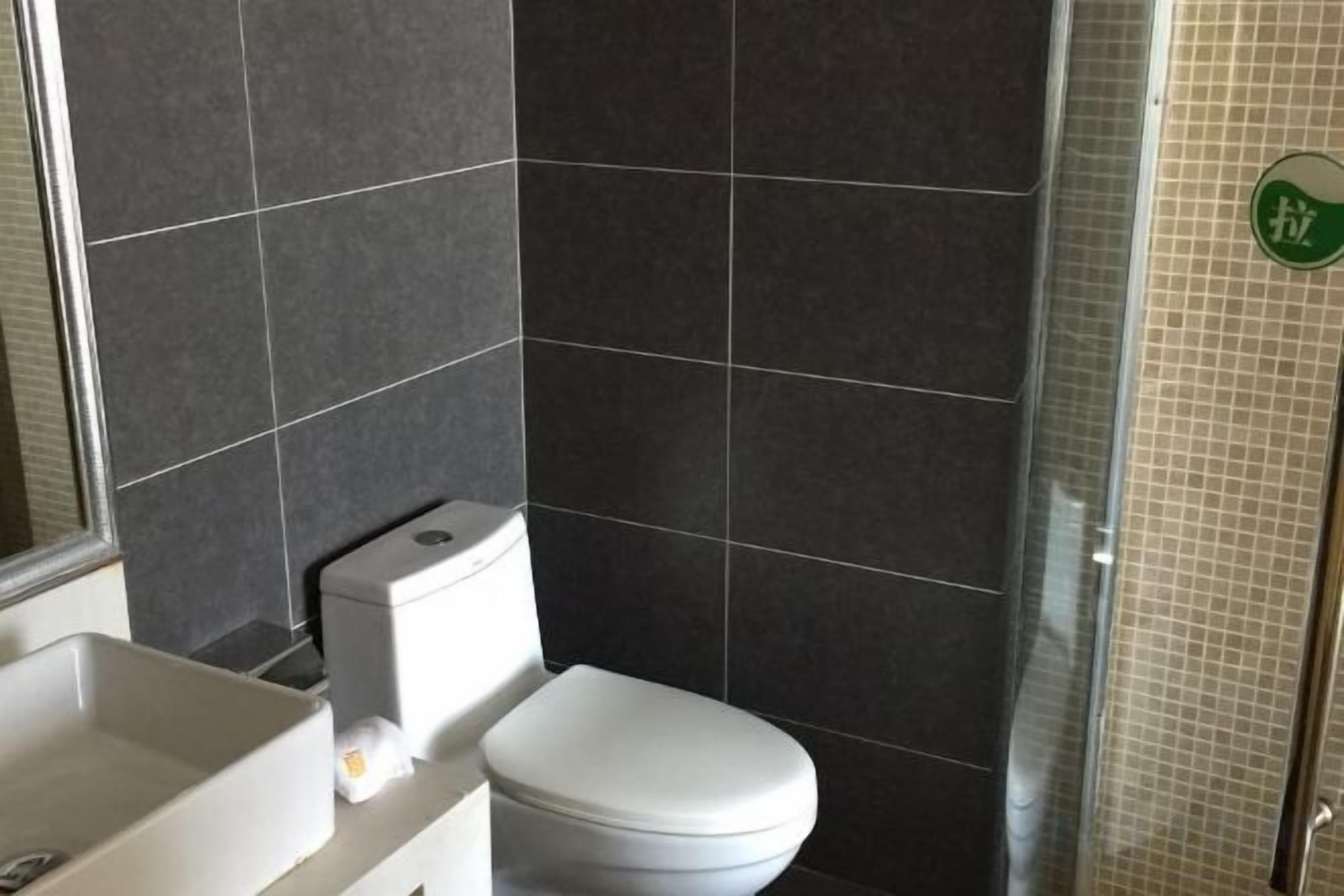 Un bagno con il water, un lavandino e una doccia.