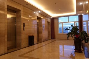 A modern lobby with elevators, a large window, and a potted plant.