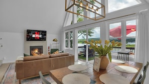 Smart TV, fireplace, video games, DVD player