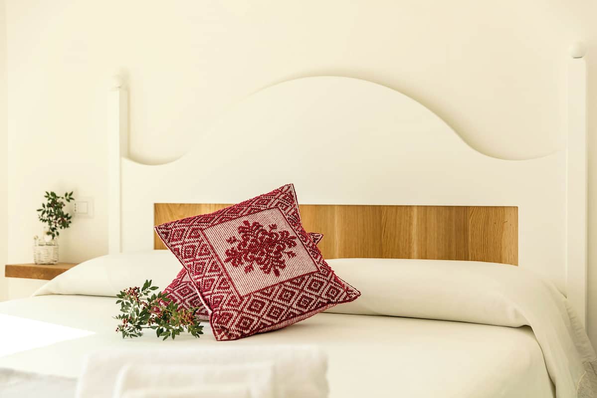 A neatly made bed with a wooden headboard, a red patterned pillow, and a small bedside table with a plant.