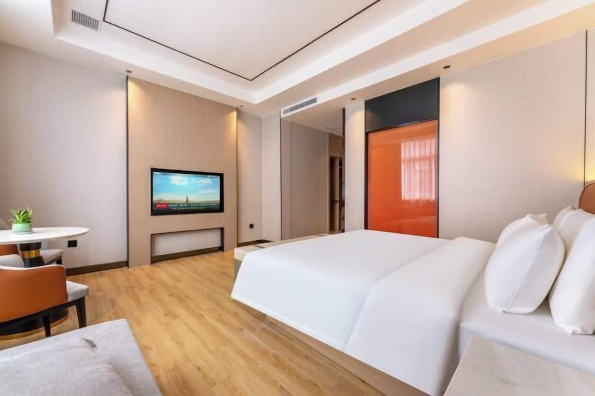Una habitación de hotel moderna con una cama grande, un televisor montado en la pared, una mesita con una planta y una zona de estar con un sofá y sillones.