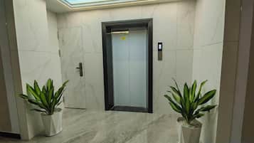Un passadís amb terra de marbre, dues plantes en testos i una porta d'ascensor.