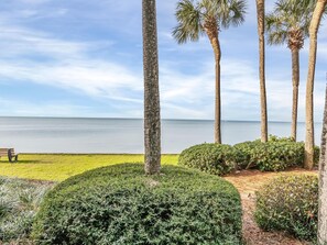 A beach view with palm trees, a bench, and well-maintained greenery. - Bayfront Walkout Studio with Sunset Views at Sandestin (Miramar Beach)