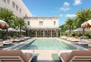 Outdoor pool, pool umbrellas, pool loungers