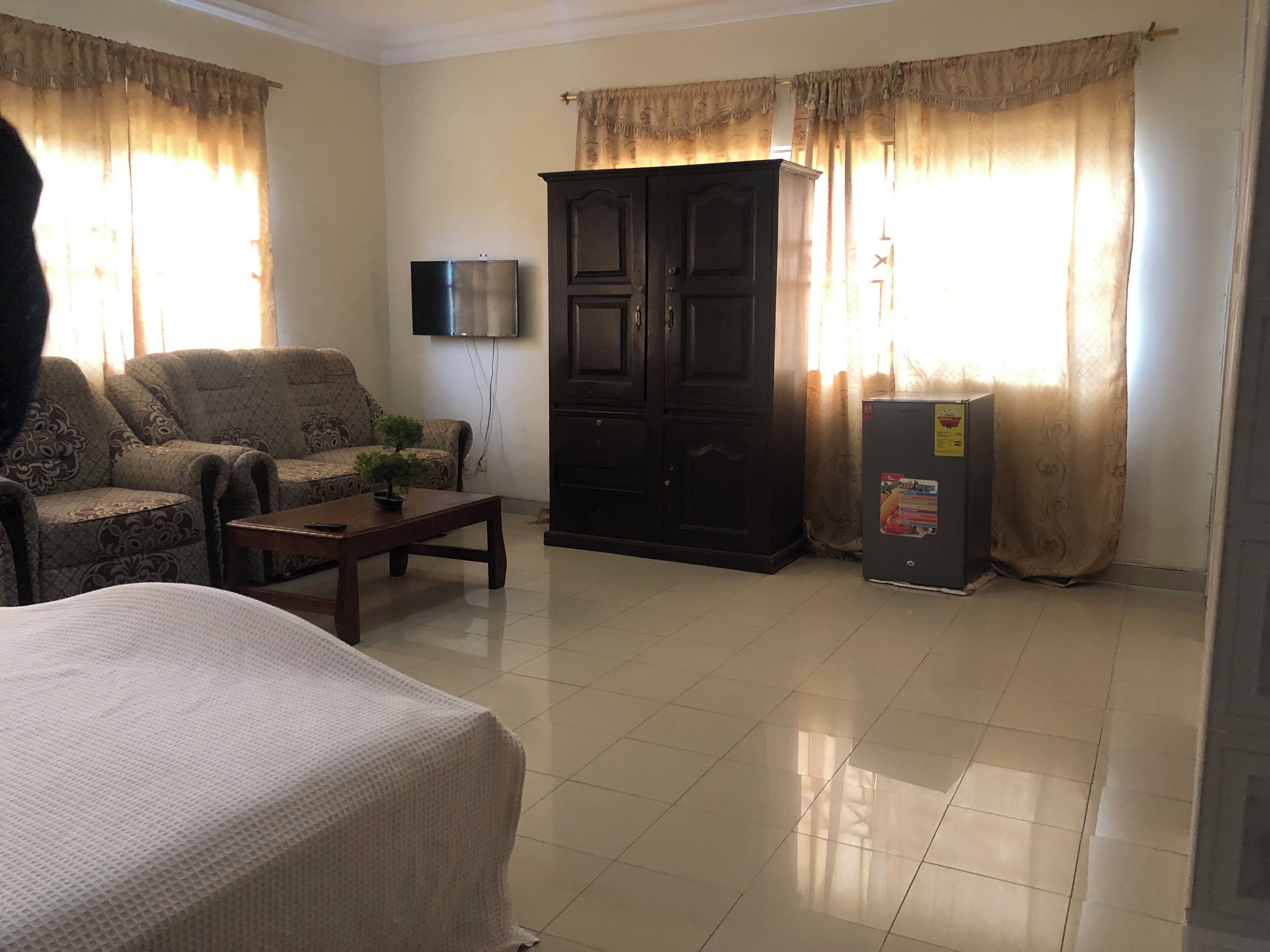 Blackout drapes, iron/ironing board