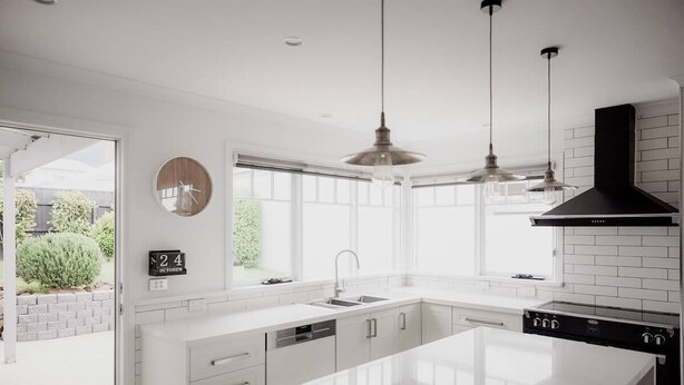 A modern kitchen with white cabinetry, a large island, pendant lighting, and a black range hood.