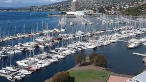 A marina with numerous boats docked, a large building in the background, and a hilly landscape. - Sayer Gardens Apartment (Sandy Bay)