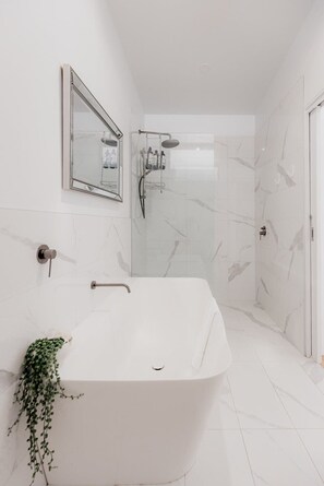 Shower, hair dryer, towels
