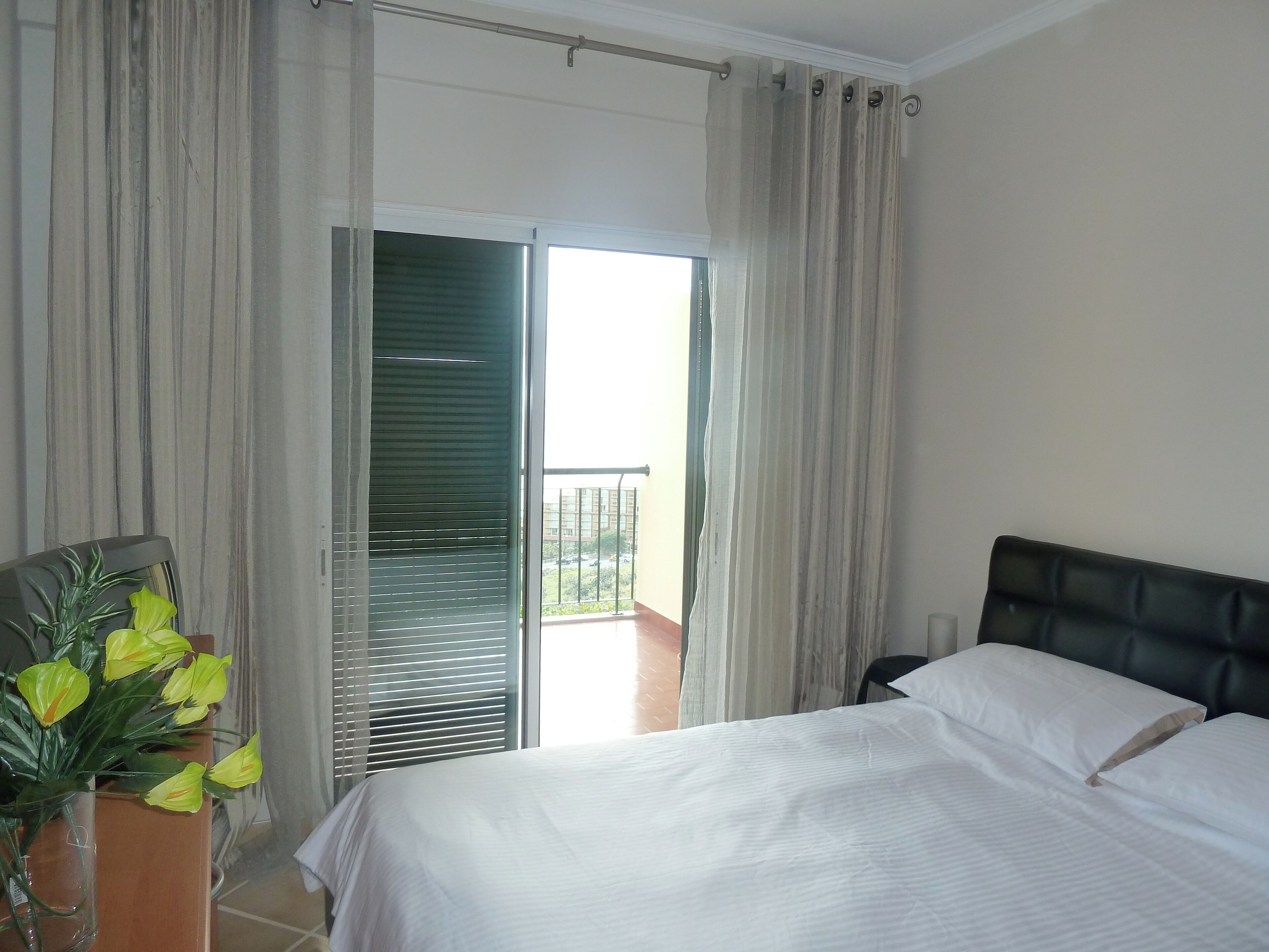 A hotel room with a bed, a potted plant, and a view of a balcony.