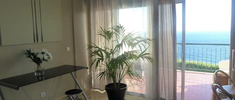 Ein Balkon mit Topfpflanze, Stuhl und Tisch.