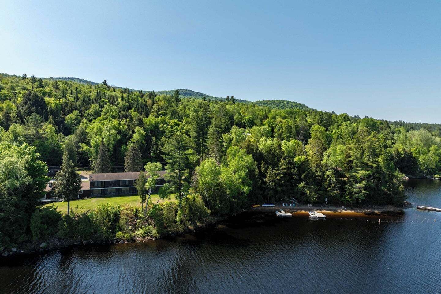 A lakeside property with a modern building surrounded by dense forest.