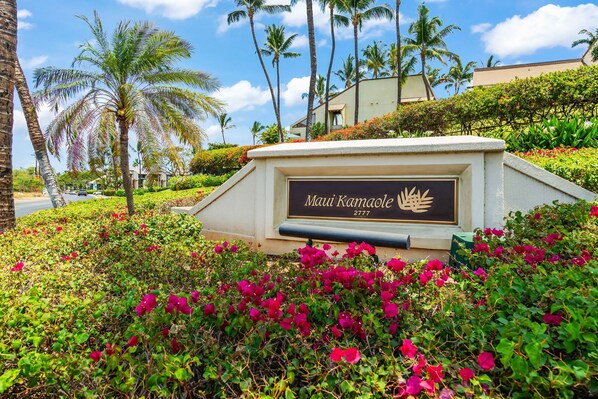 A sign with 'Maui Kamokule 2777' and palm trees in the background.