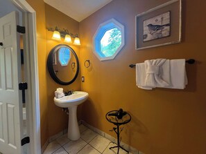 Shower, hair dryer, shampoo