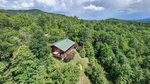 A cabin surrounded by dense forest, with a clear sky above. - Sunsets and Moonshine Log Cabin with Outstanding Mountain Views (Bryson City)
