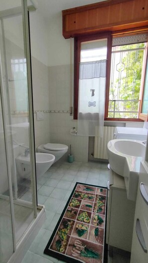 Douche, sèche-cheveux, bidet, serviettes fournies