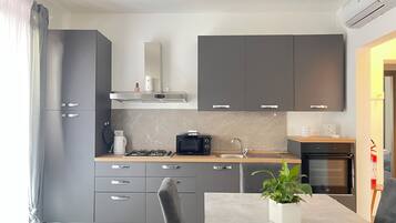 Fridge, oven, stovetop, cookware/dishes/utensils