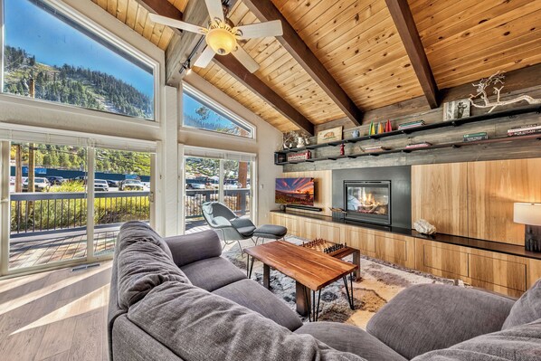 Smart TV, chimenea, reproductor de DVD, libros