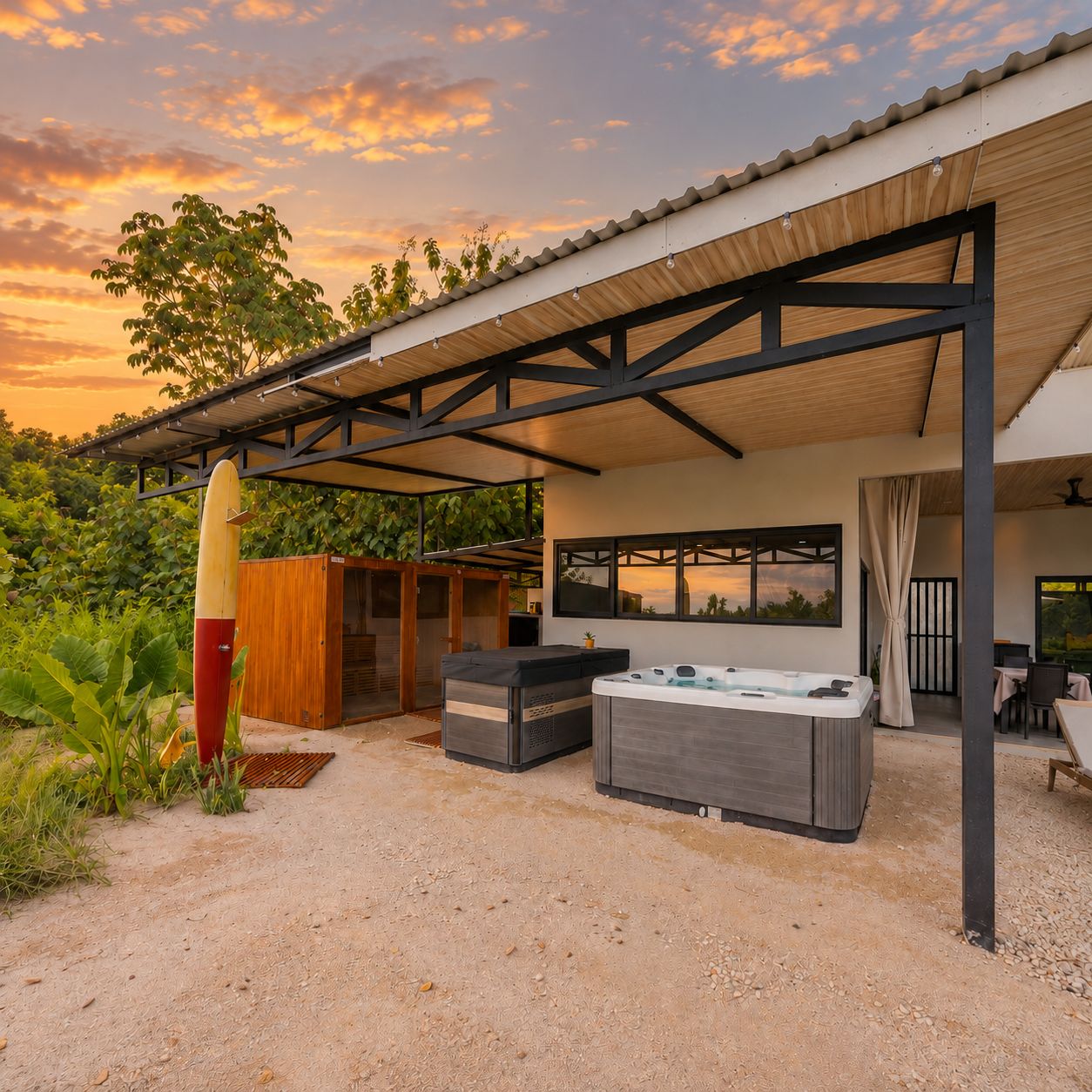 Un patio exterior con un jacuzzi, mobiliario y una zona cubierta con vistas al atardecer.