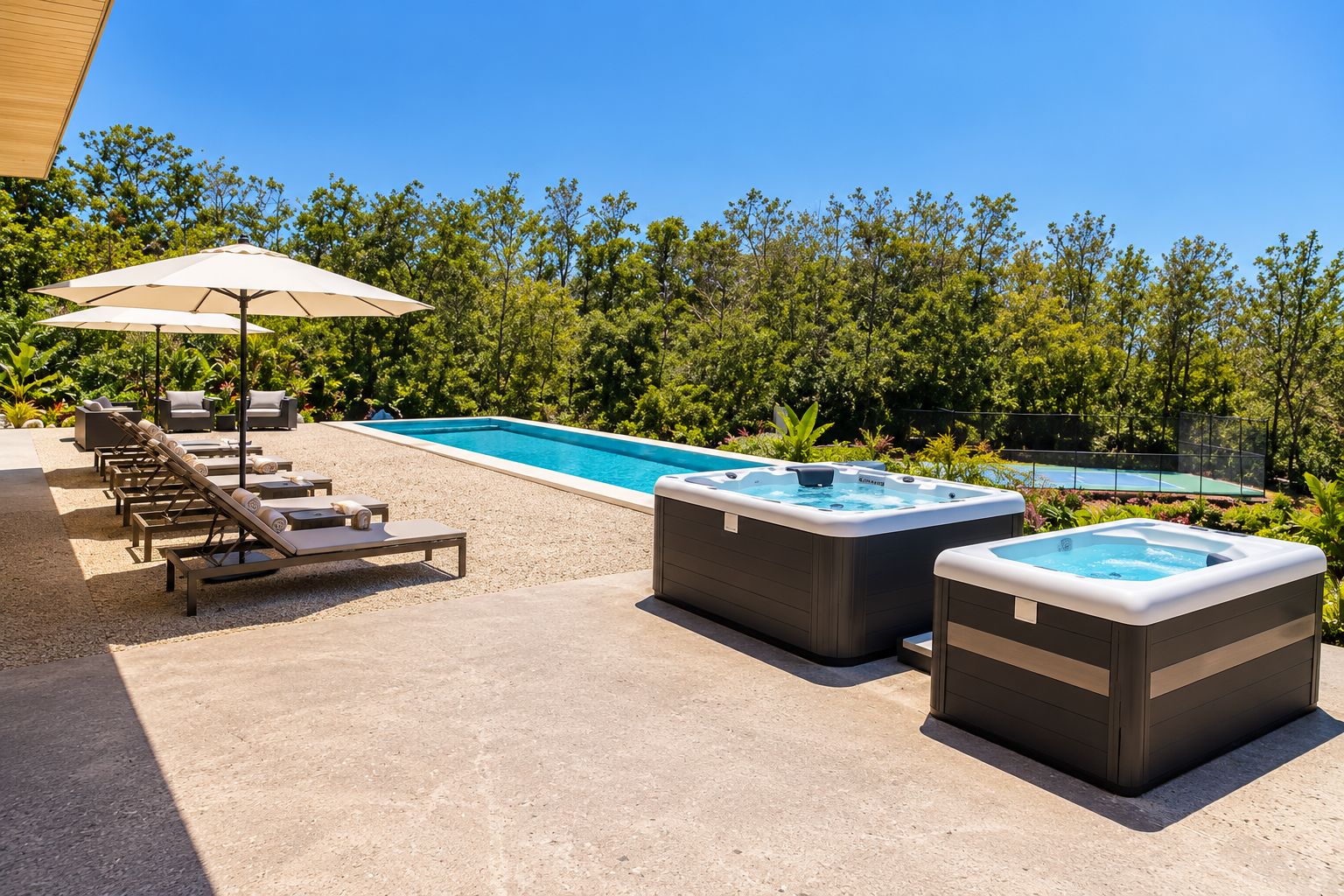 A pool area with lounge chairs, a hot tub, and a covered seating area.
