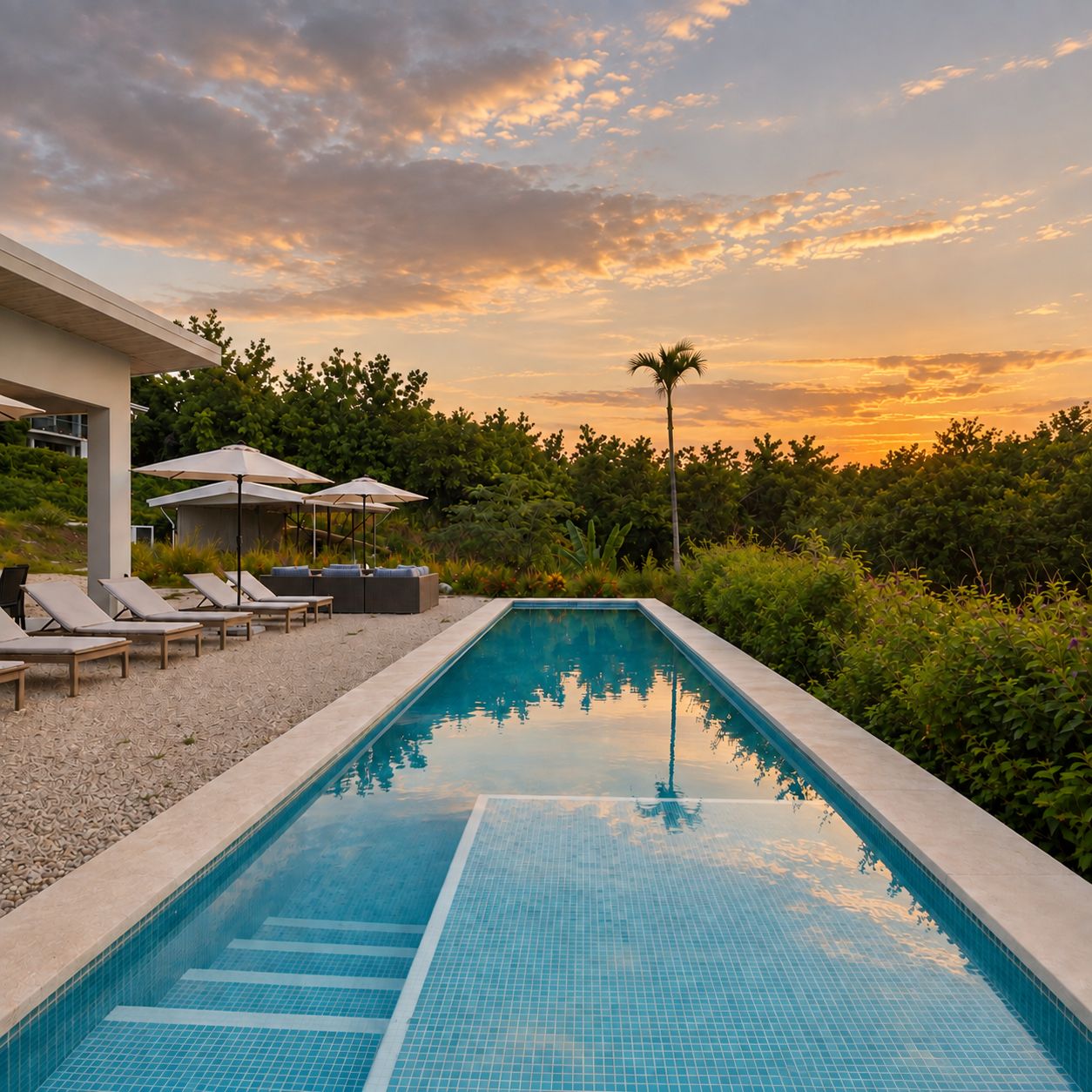 Ein rechteckiger Pool mit gefliesten Rändern, umgeben von Liegestühlen und Sonnenschirmen, vor der Kulisse von Bäumen und einem Sonnenuntergangshimmel.