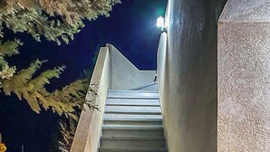 A set of concrete stairs leading up to a building, surrounded by foliage and a streetlight.