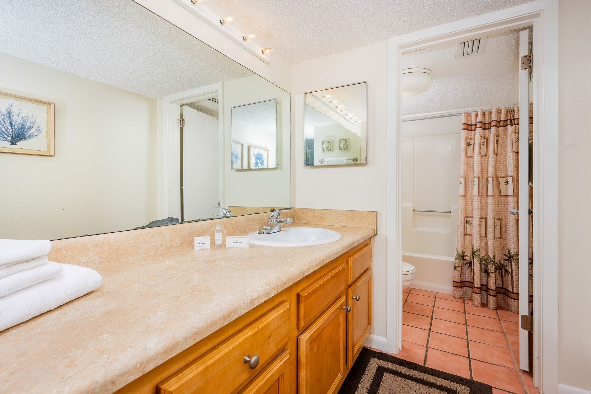 A bathroom with a sink, mirror, and shower curtain.