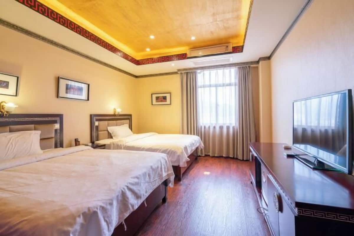 Een hotelkamer met twee bedden, een televisie en een groot raam met gordijnen.