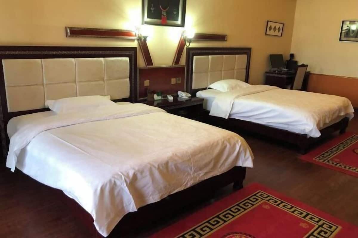 Een hotelkamer met twee bedden, een nachtkastje, een bureau en een rood tapijt met patroon.