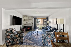 TV, fireplace - Modern Mountain Condo | Walk to Skiing! (Steamboat Springs)