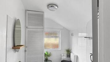 Hair dryer, towels, soap, shampoo