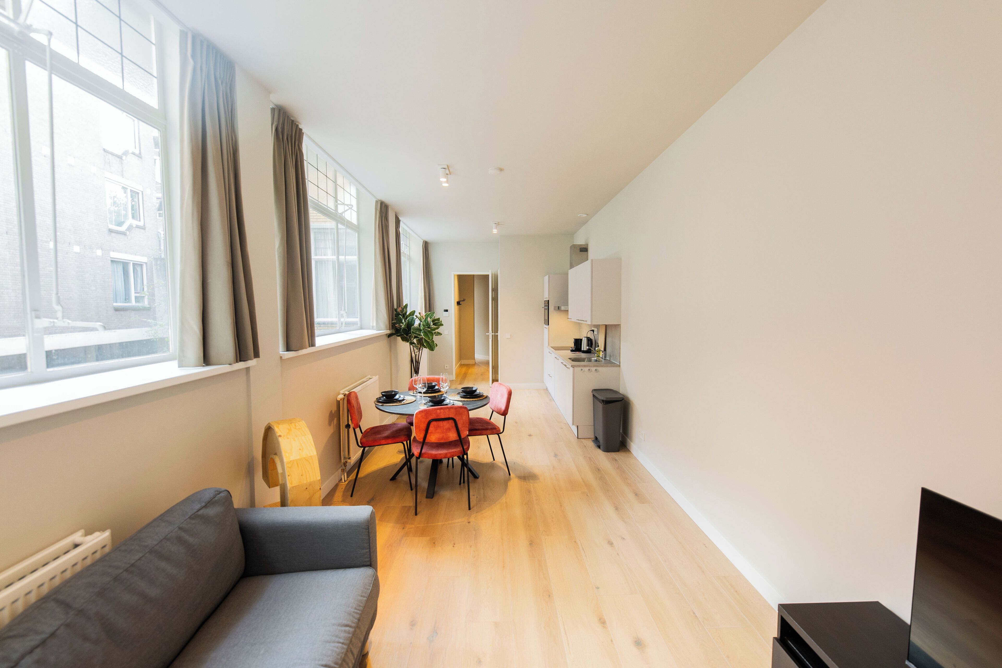 A modern apartment with a dining area, a sofa, and a TV.