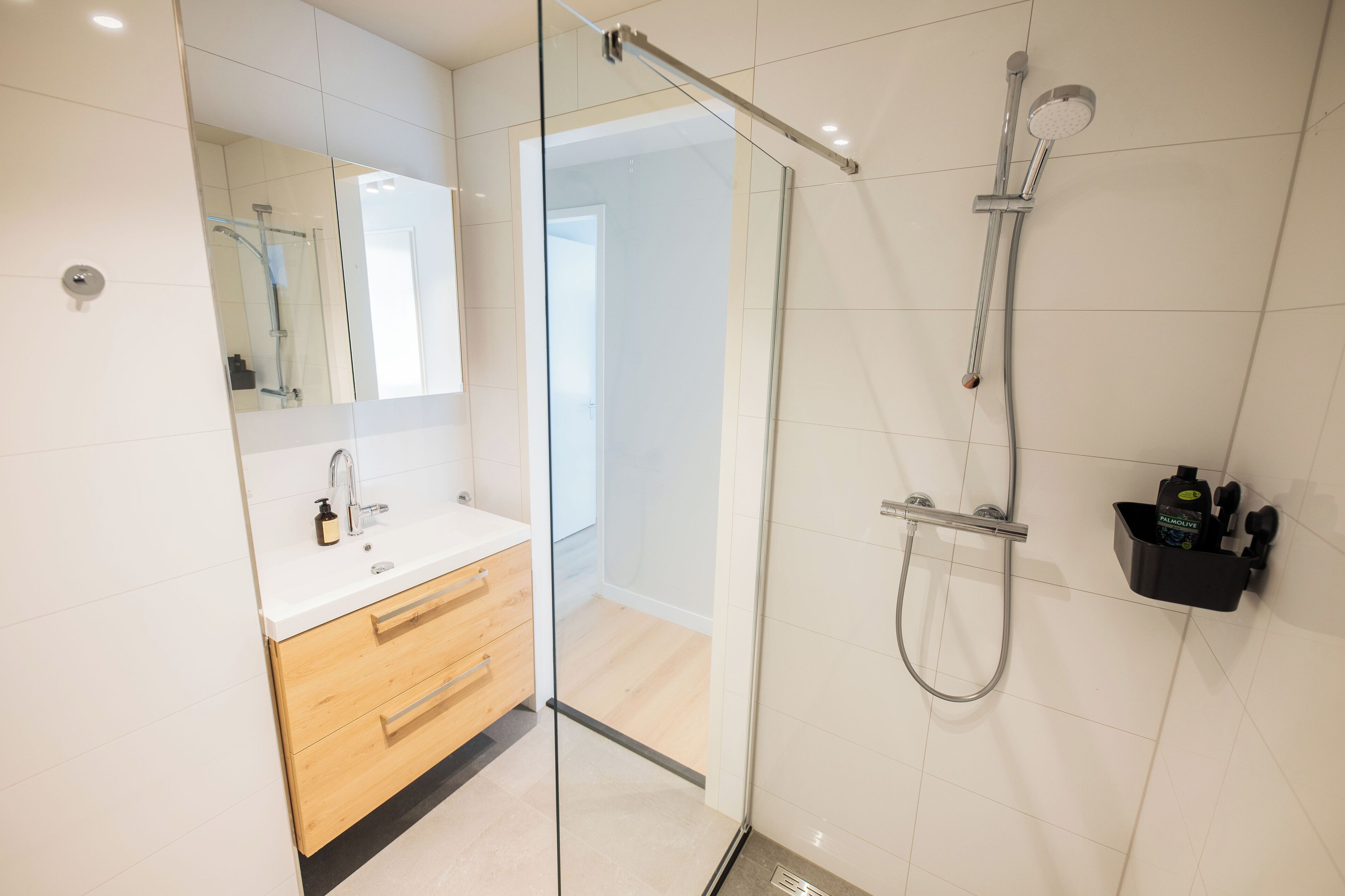 Een moderne badkamer met een douchecabine van glas, een witte wastafel met spiegel en een houten opbergmeubel.