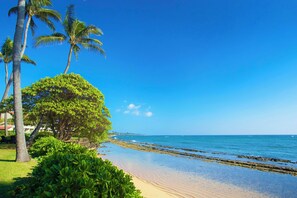 A beach with palm trees, clear blue sky, and calm sea. - Privacy, Ocean View! Modern Kitchen, WiFi, Flat Screen, Lanai–Kauai Kailani K212 (Kapa'a)