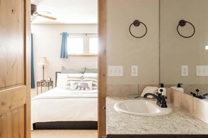 Shower, hair dryer, towels, shampoo