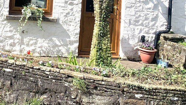 A white stone house with a wooden door, a small window, and a stone chimney. - Cozy country cottage in National Park  (Mamhilad)