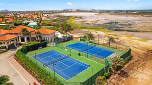 Ein Tennisplatzkomplex mit zwei Plätzen, umgeben von Grünflächen und einer Wohngegend mit roten Dächern.