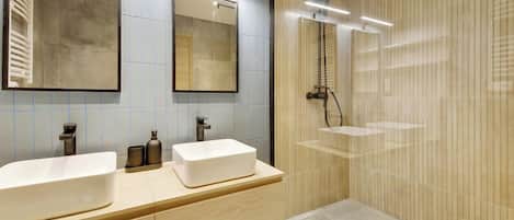 Shower, hair dryer, towels