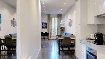 Microwave, oven, toaster, dining tables