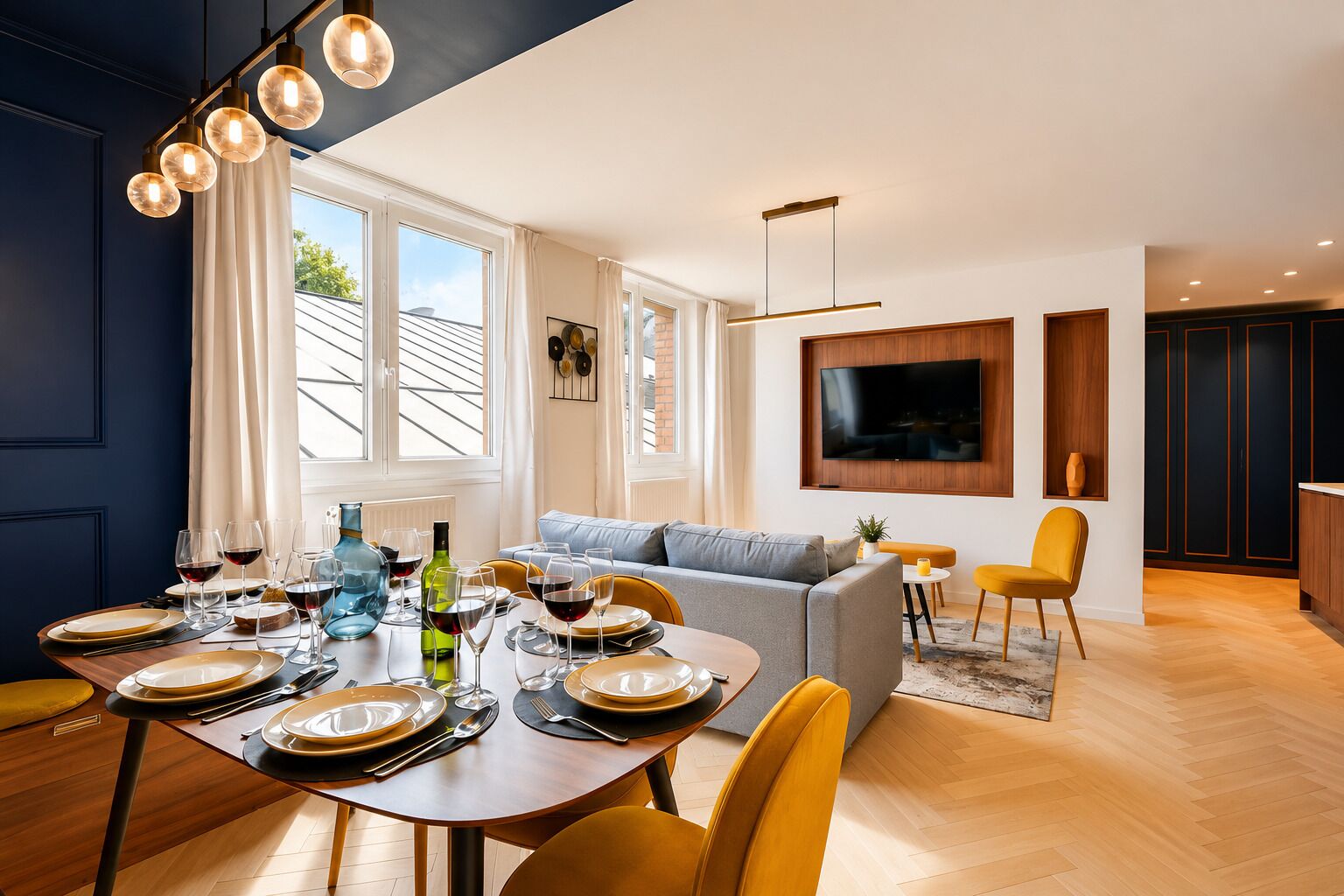 A modern dining area with a round table set for a meal, a sofa, and a television mounted on the wall.