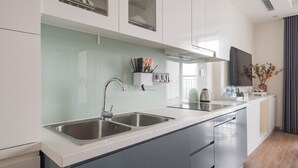 A modern kitchen with a double sink, stainless steel appliances, and a flat-screen TV mounted above the counter.