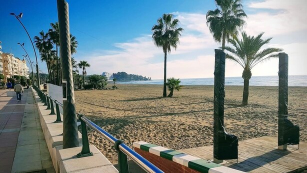 A beach promenade with palm trees, a wooden boardwalk, and a clear sky.