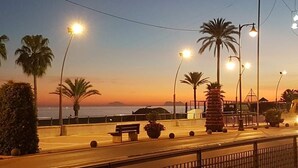 A sunset view with palm trees and street lamps along a coastal promenade.