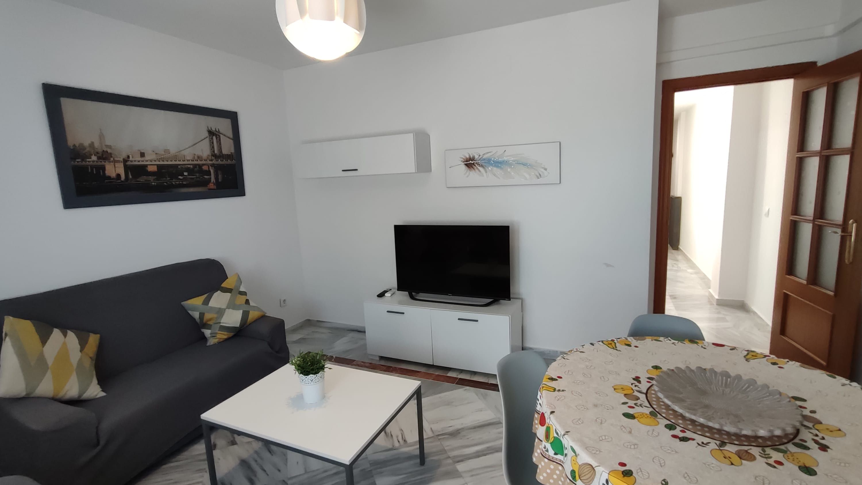 A living room with a sofa, a TV on a stand, a small table with a plant, and a dining area with a table and chairs.