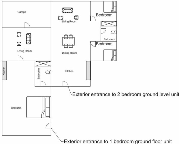 A floor plan with a garage, two living rooms, a kitchen, dining room, two bedrooms, and a bathroom. - Tropical Oasis Retreat & Infiniti Pool (Luquillo)