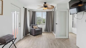 A room with a grey sofa, a standing fan, a TV, and a window with curtains. - Tropical Oasis Retreat & Infiniti Pool (Luquillo)